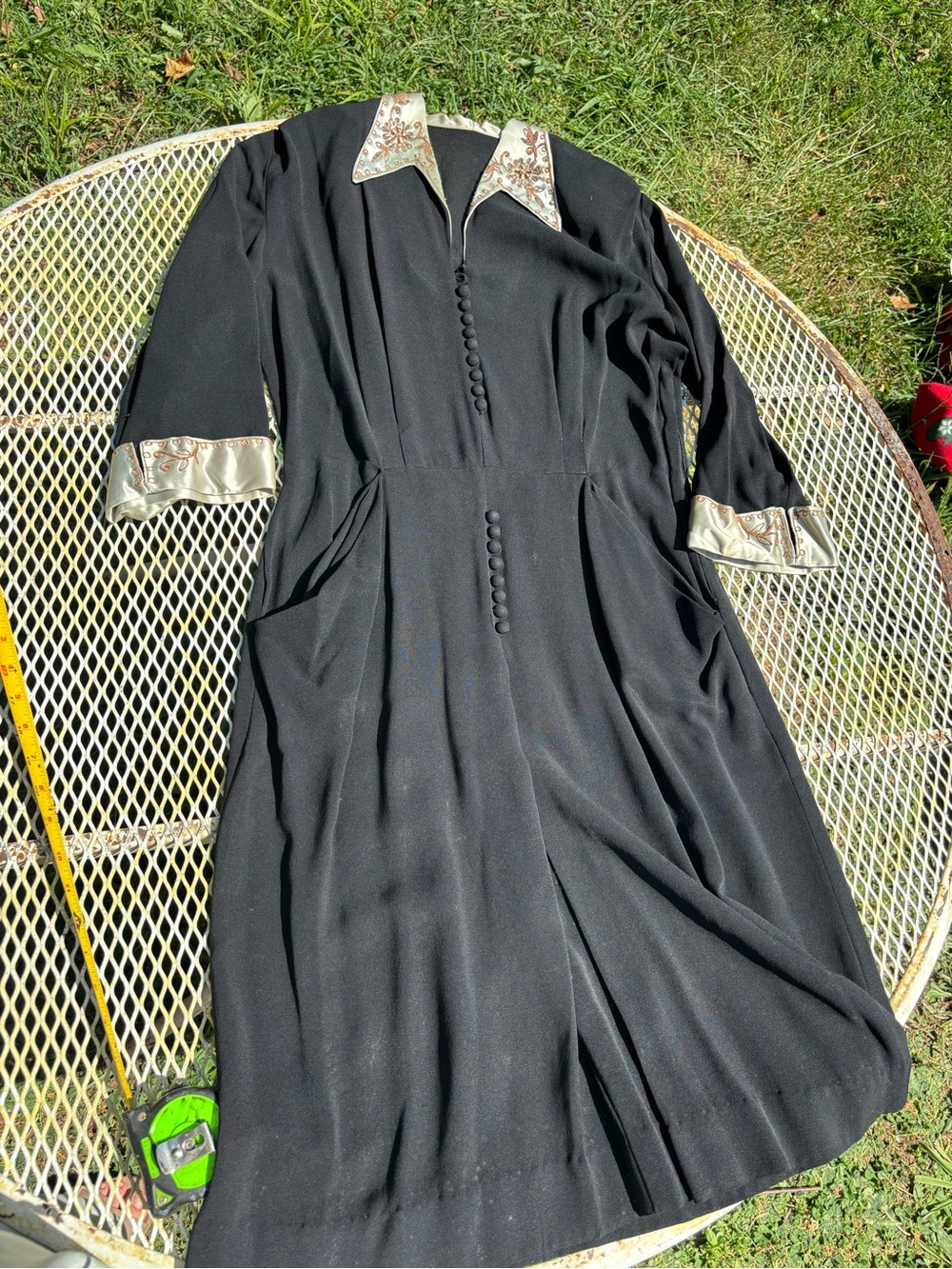 Authentic 1940s Vintage Black Rayon Crepe Dress Soutache Collar